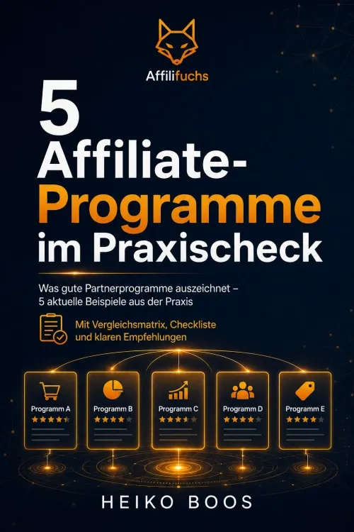 Buchcover „5 Affiliate-Programme im Praxischeck“ von Heiko Boos mit Affilifuchs-Logo