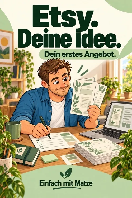 Cover „Etsy. Deine Idee. Dein erstes Angebot.“ von Einfach mit Matze mit gezeichneter Figur am Schreibtisch